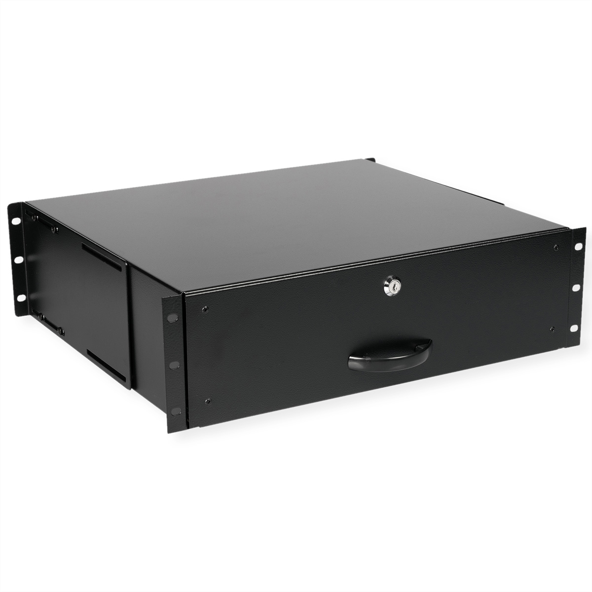Cassetto in metallo nero con serratura e maniglia per un rack server, isolato su bianco.
