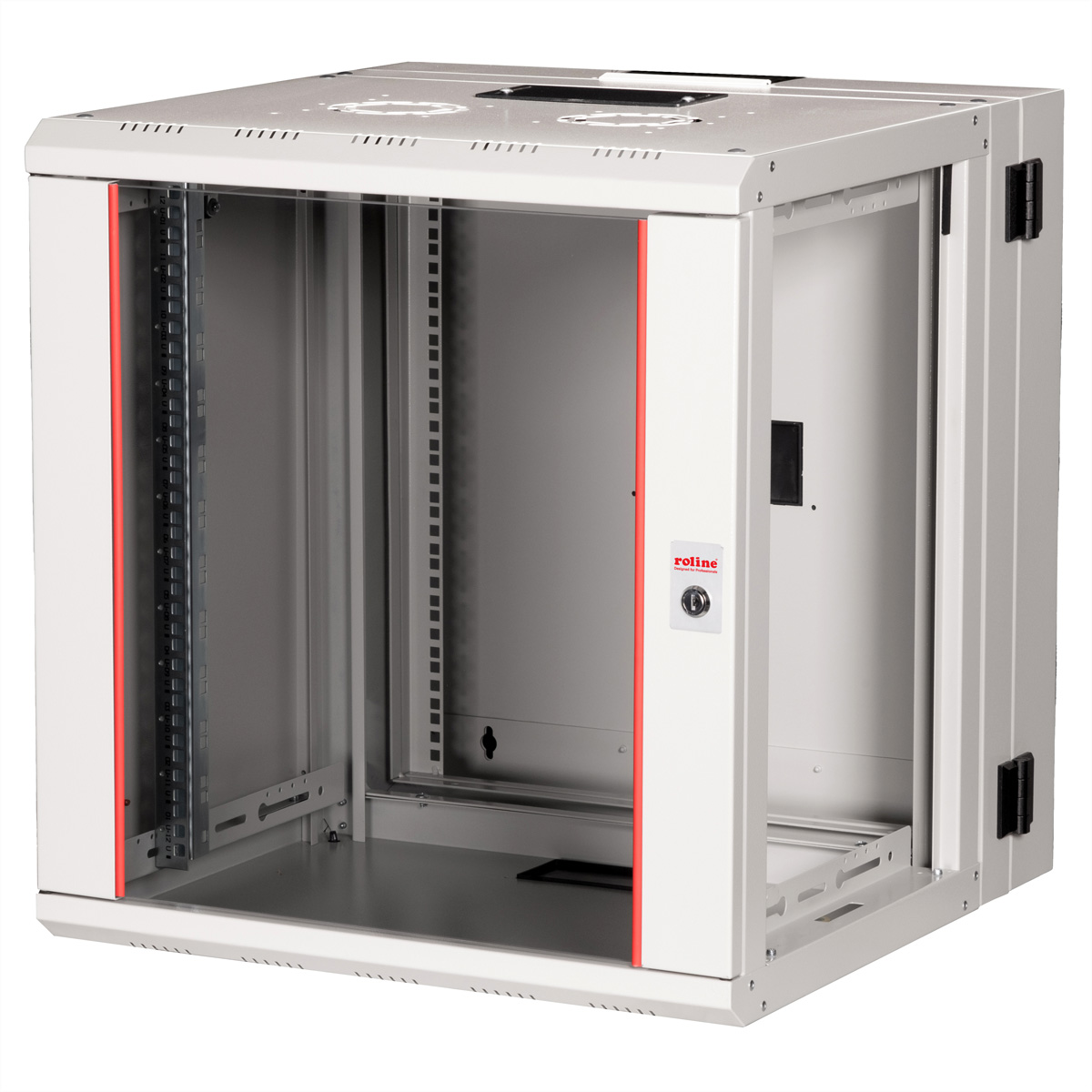 Armadio rack in metallo bianco, con accenti rossi. Porta aperta, che mostra i componenti interni.