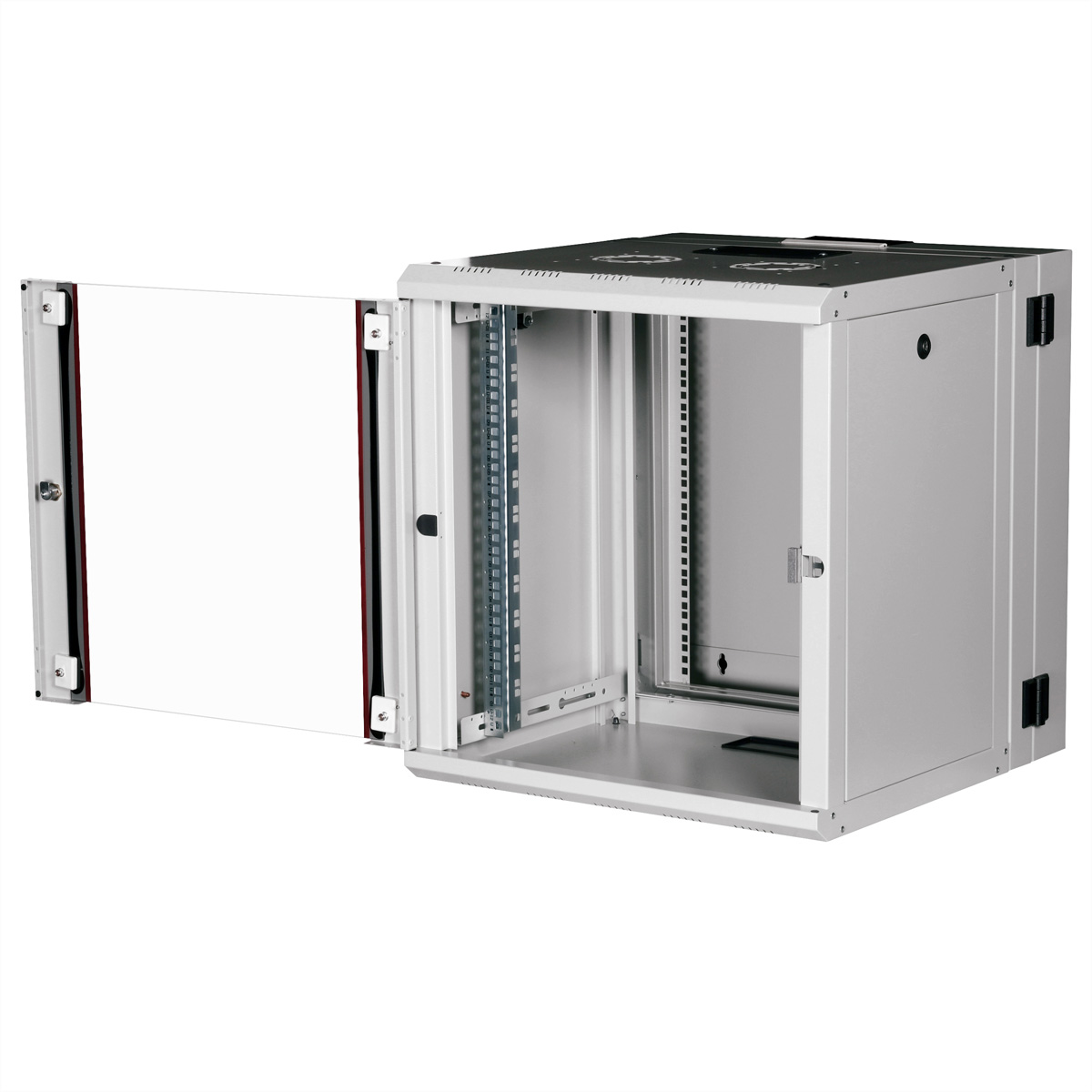 Armadio rack in metallo bianco aperto con guide rack interne visibili, isolato su sfondo bianco.