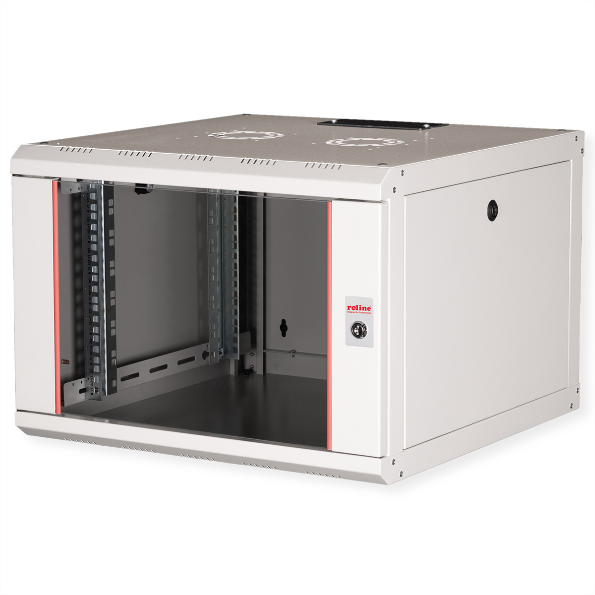 Armadio bianco montabile su rack con fronte aperto. Accenti rossi. Logo Roline visibile.