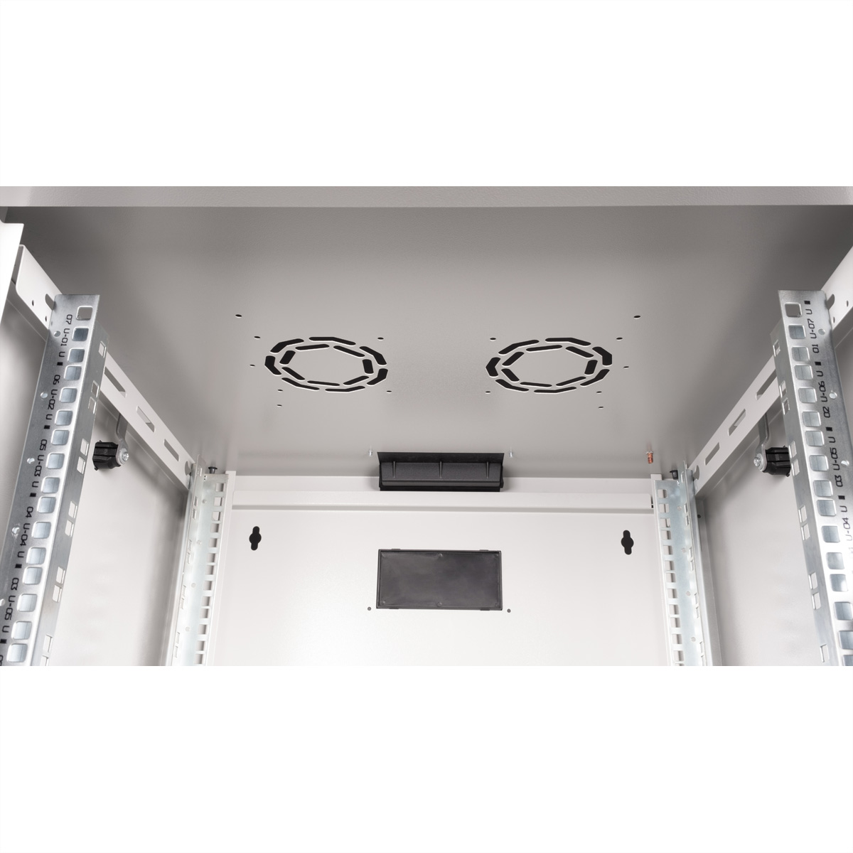 All'interno di un armadio server, che mostra ventole, fori di ventilazione e guide di montaggio. Sfondo bianco.