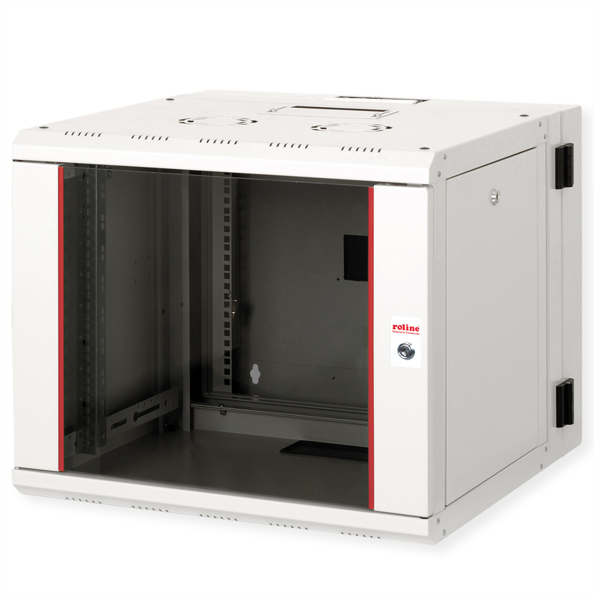 Armadio rack in metallo bianco con porta trasparente. Accenti rossi. Aperto, che mostra l'interno.