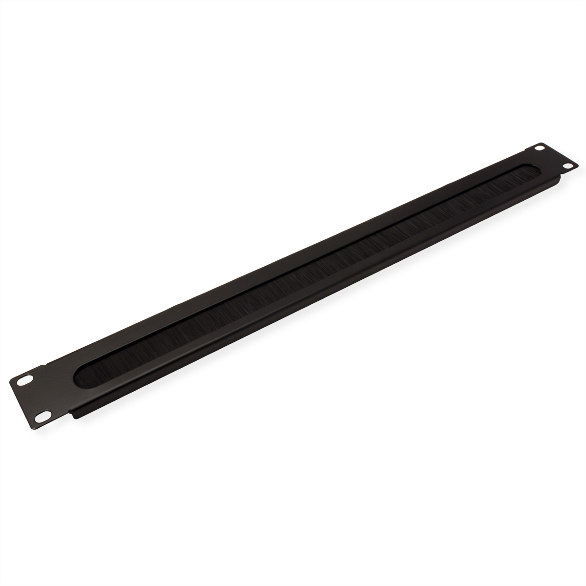 Un rack in metallo nero con una striscia di spazzola per cavi, su sfondo bianco.
