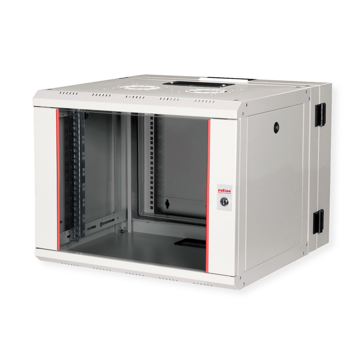 Rack server bianco con finiture rosse, porta in vetro e logo 'roline'.