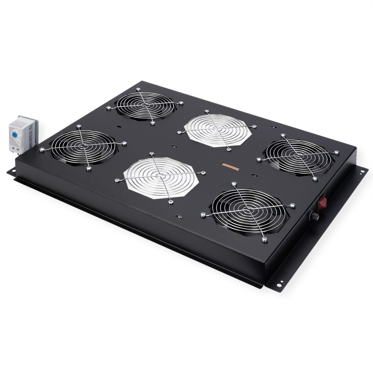 Componente nero per montaggio su rack con sei ventole e un interruttore, isolato su sfondo bianco.