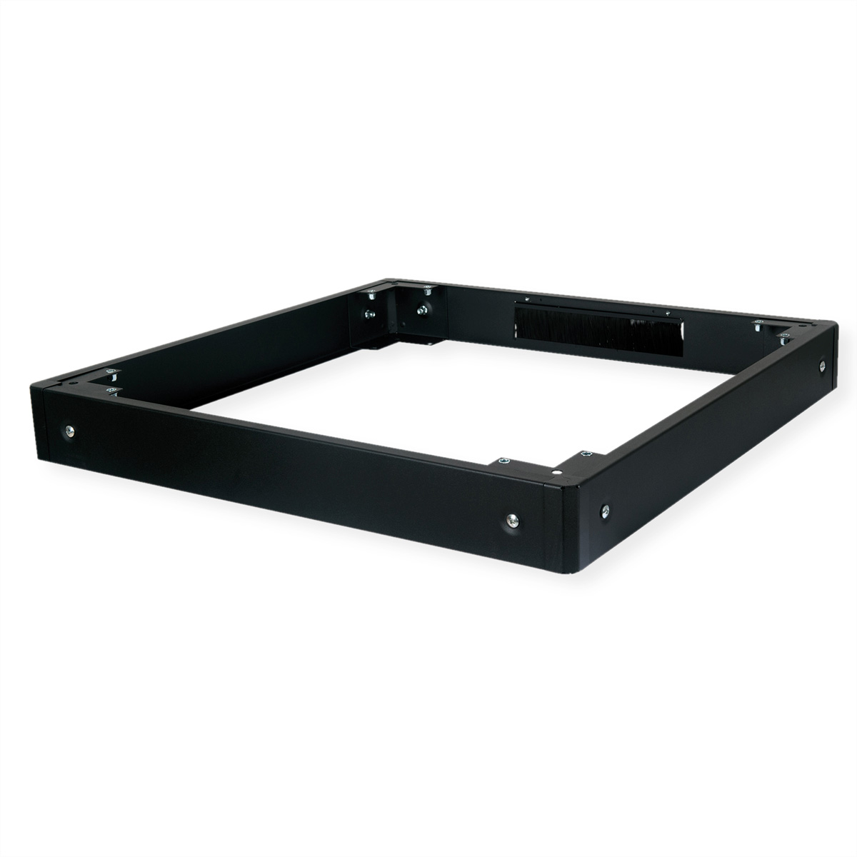 Un telaio in metallo nero con fori per viti su sfondo bianco.