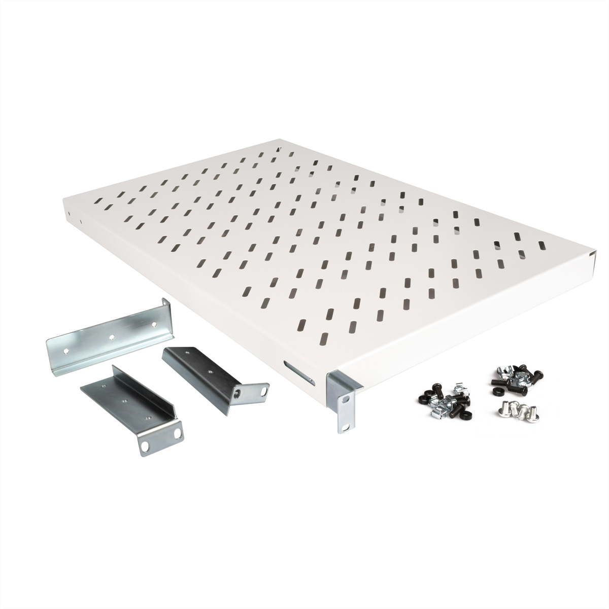 Mensola in metallo bianco perforato con staffe di montaggio e hardware su sfondo bianco.