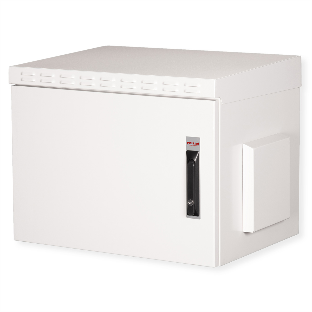 Armadio rack server bianco con vano laterale. Maniglia nera e logo roline.