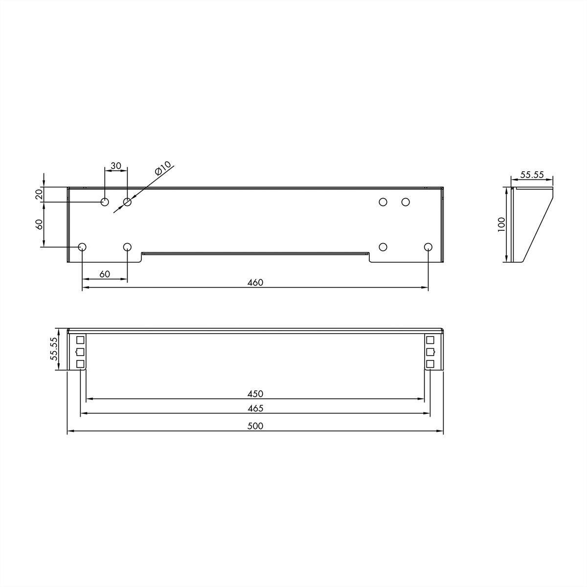 Disegno tecnico con le dimensioni di un ripiano rack, che mostra misure e posizionamento dei fori.