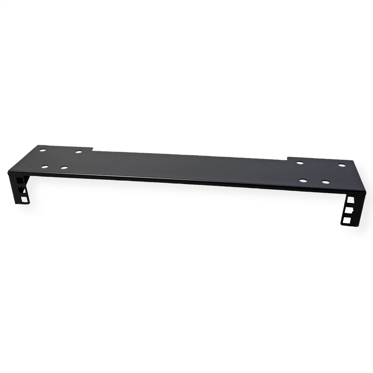 Mensola in metallo nero per un rack server. Fori sui lati per il montaggio.