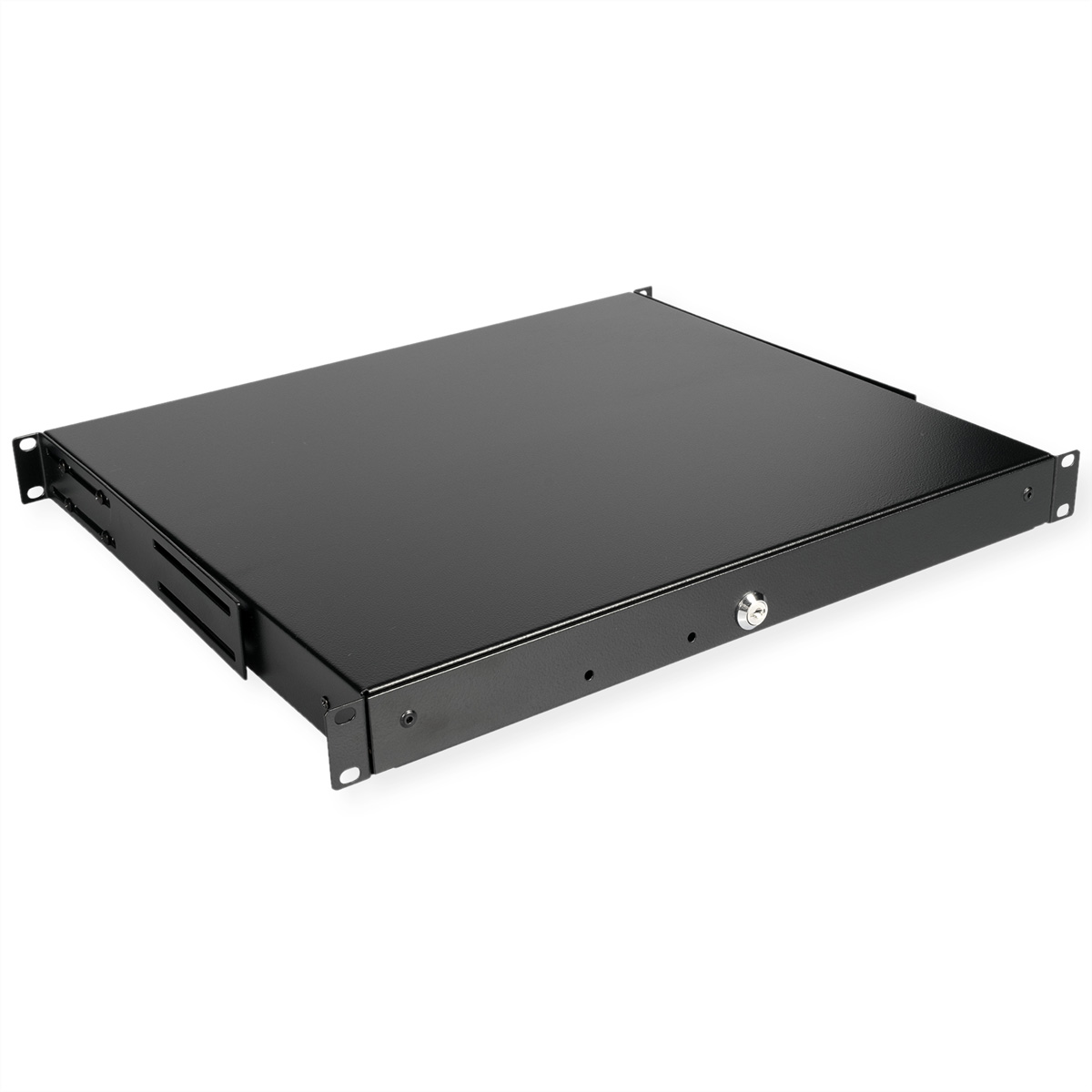 Mensola in metallo nero con serratura, progettata per il montaggio a rack server.