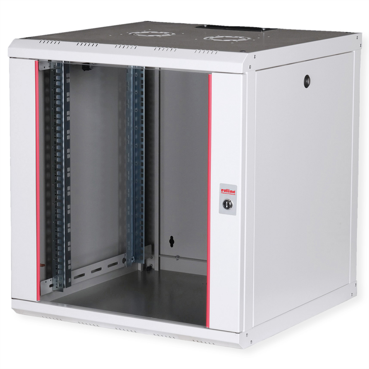 Armadio rack server bianco, frontale aperto, con rifinitura rossa e serratura.