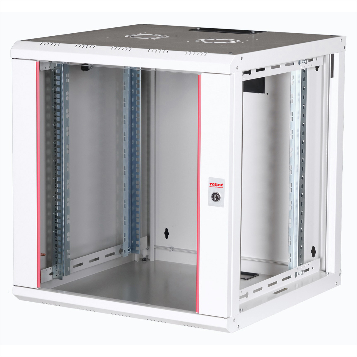 Rack server bianco con dettagli rossi, aperto.