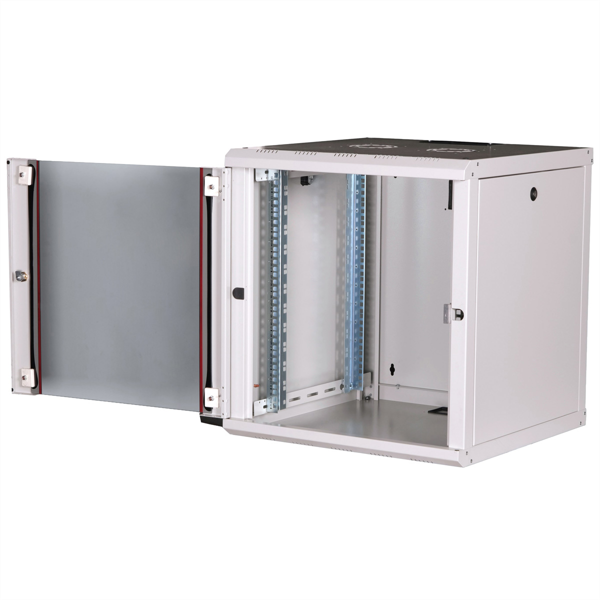 Armadio bianco, porta aperta, rack all'interno.