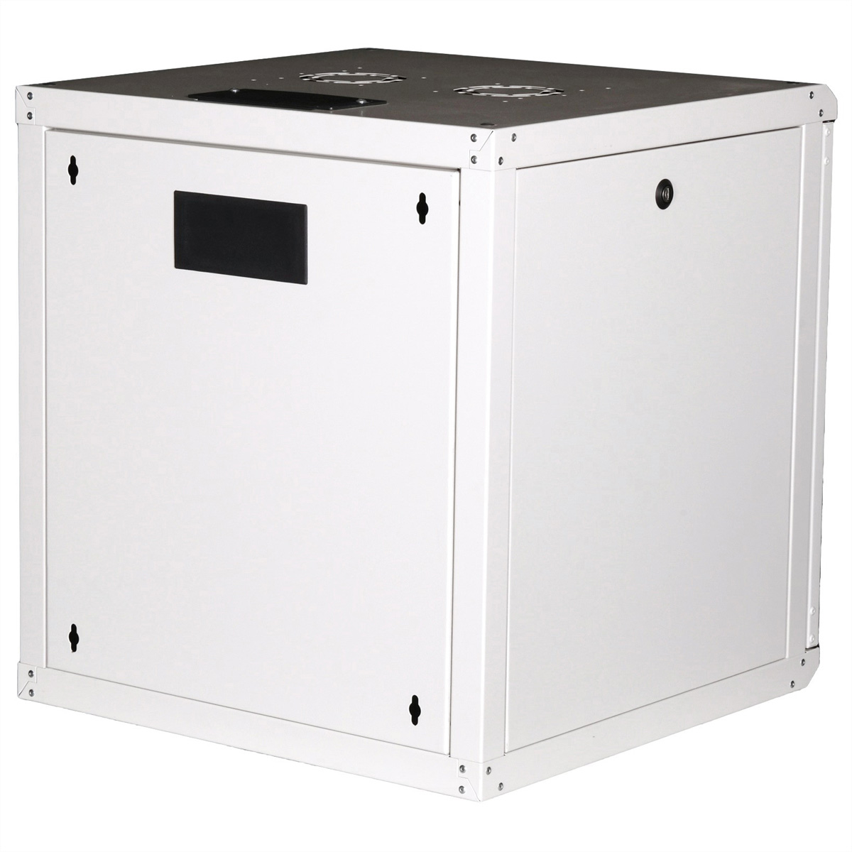 Un contenitore rack bianco e quadrato. Presenta un rettangolo nero e fori di montaggio.