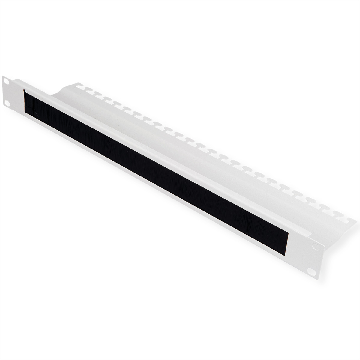 Pannello di gestione cavi in metallo bianco con una striscia di spazzola nera. Isolato.