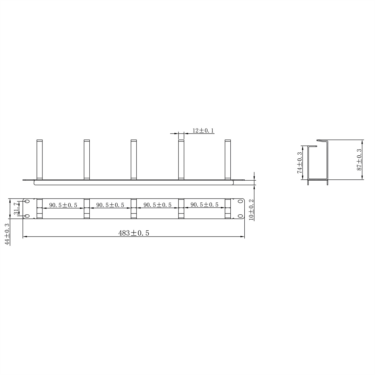 Un disegno tecnico con le dimensioni di un supporto metallico con più barre verticali.