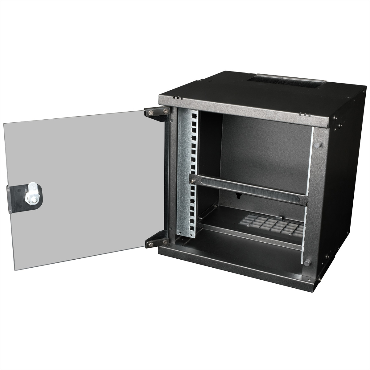 Armadio nero, porta a vetro aperta, rack e ripiano all'interno.