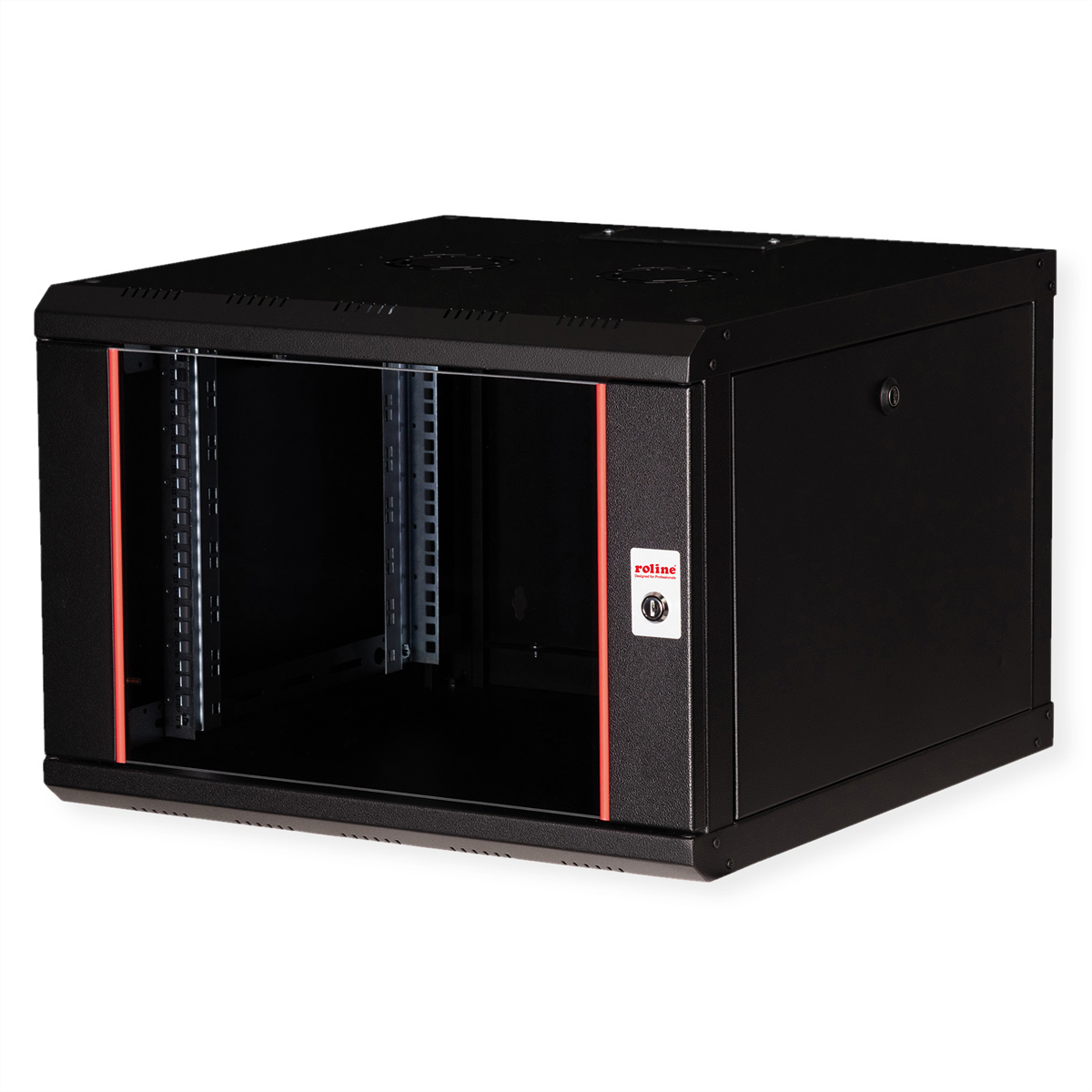 Rack server nero con porta in vetro, strisce rosse e serratura a chiave. Sfondo bianco.