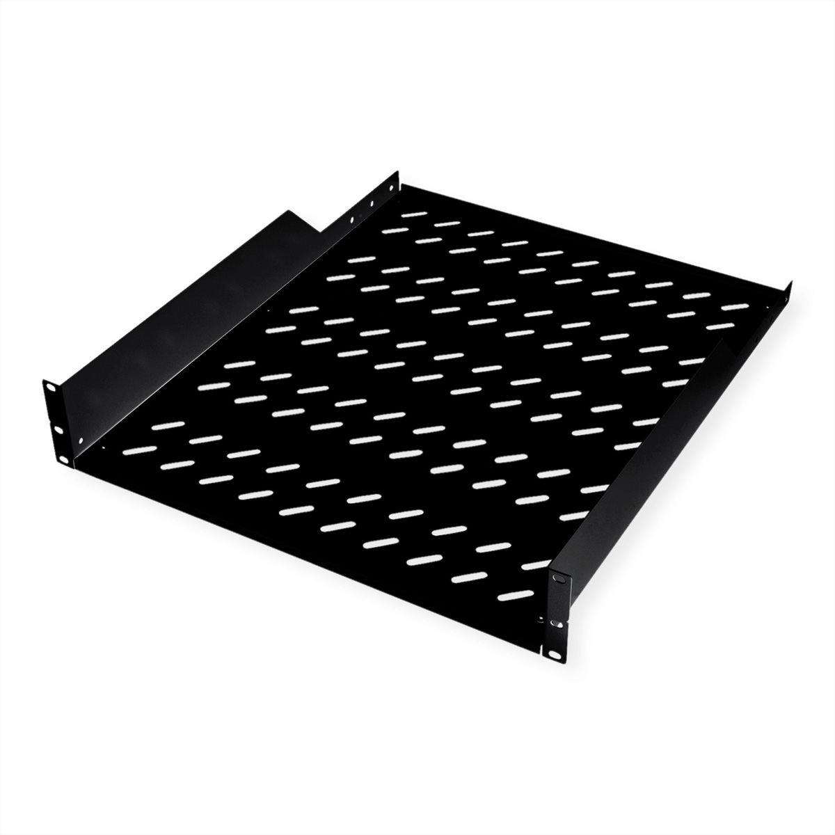 Un ripiano rack nero con fori ritagliati. Il ripiano è quadrato e angolato.