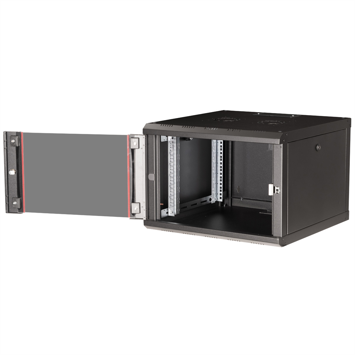 Rack server nero, porta aperta, dettaglio rosso.