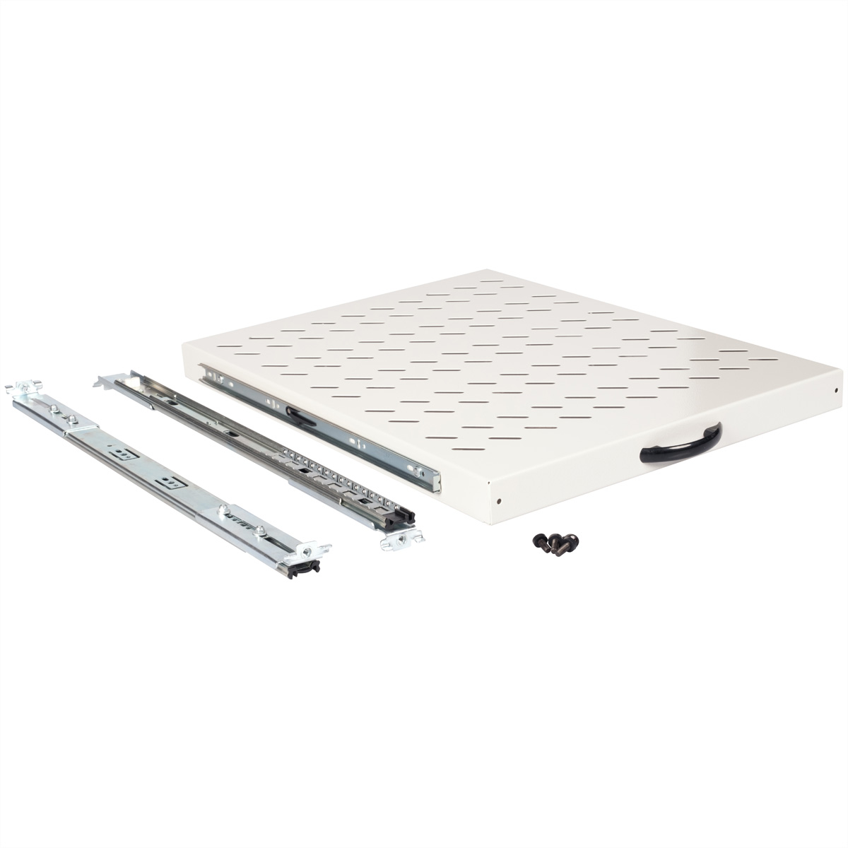 Un ripiano bianco con fessure di ventilazione, guide scorrevoli e una maniglia.