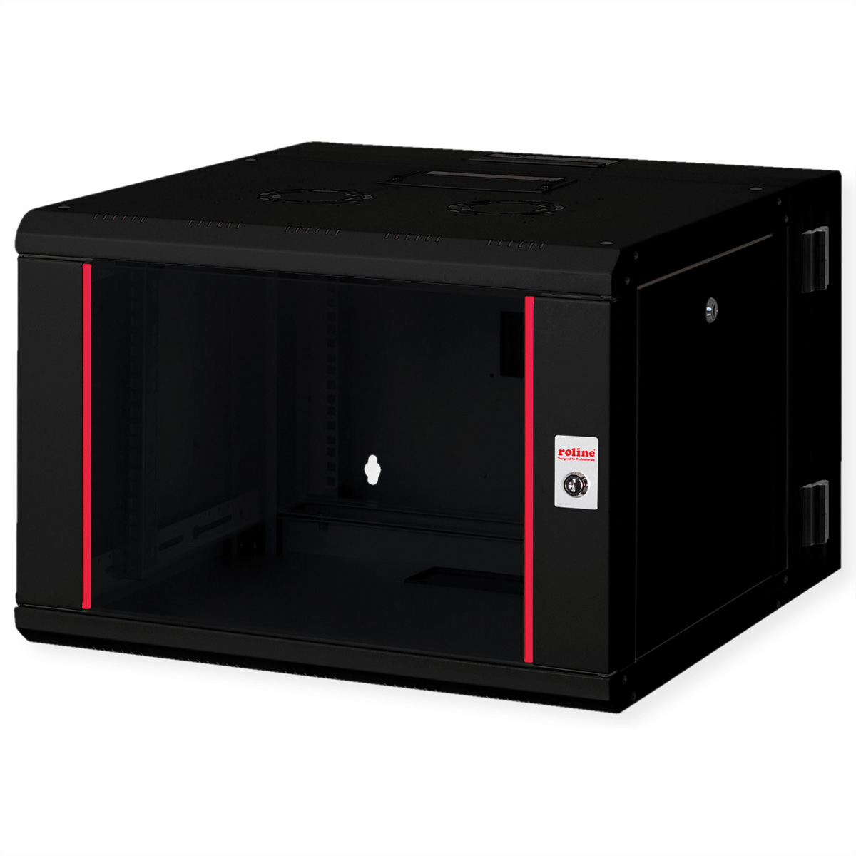 Rack server nero, porta chiusa, dettagli rossi.