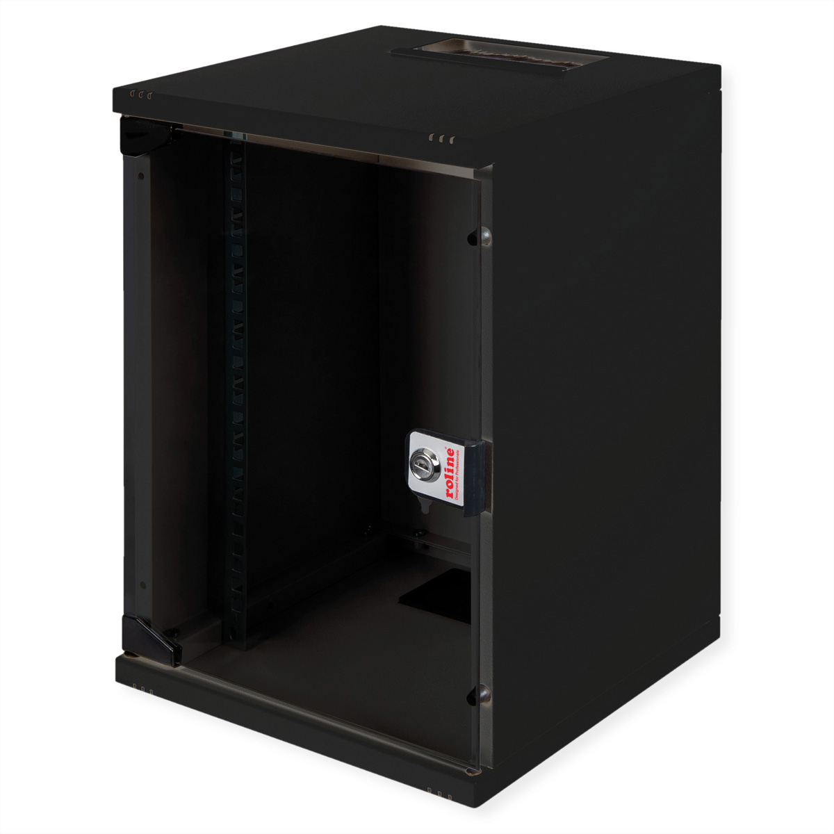 Armadio rack nero con porta in vetro. Logo Roline visibile.