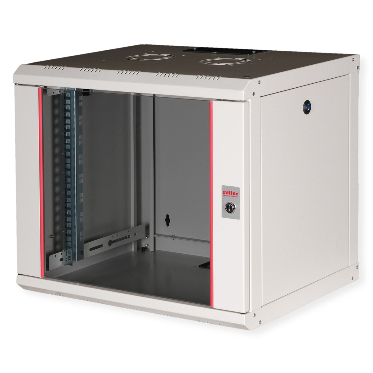 Armadio rack bianco con porta a vetro, finiture rosse e serratura. Sfondo bianco.