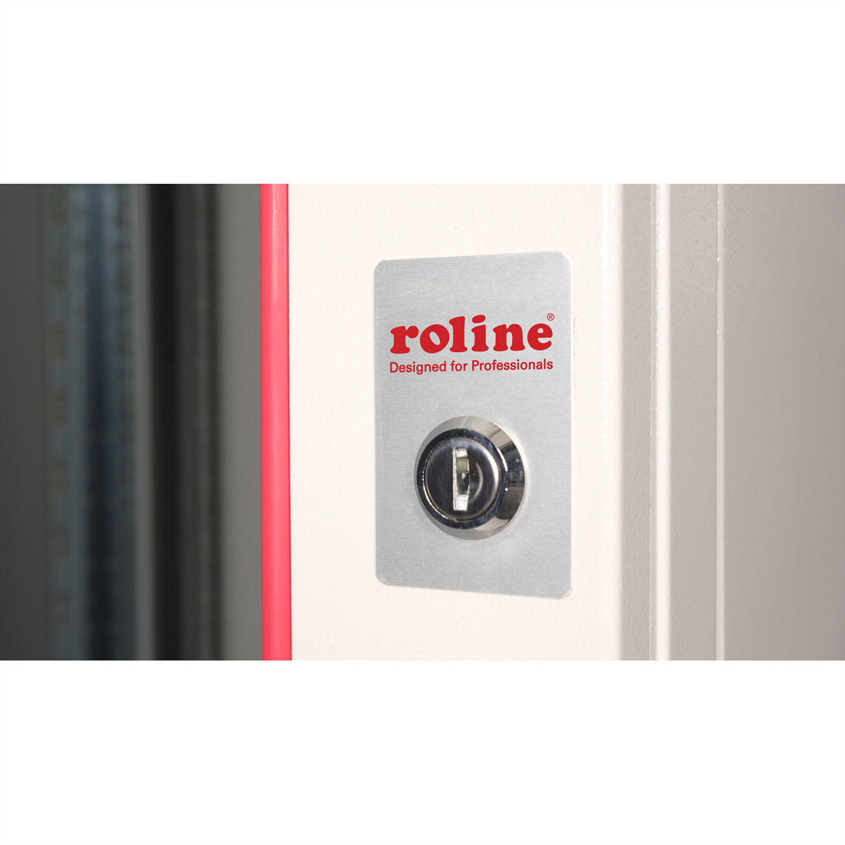 Primo piano di una porta di armadio metallica con serratura e logo 'roline'.