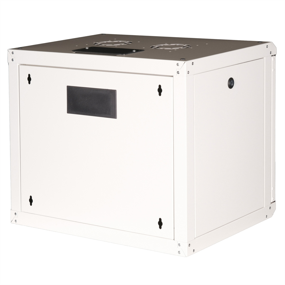 Armadio rack bianco con pannello rettangolare nero, ventole superiori e fori per viti.