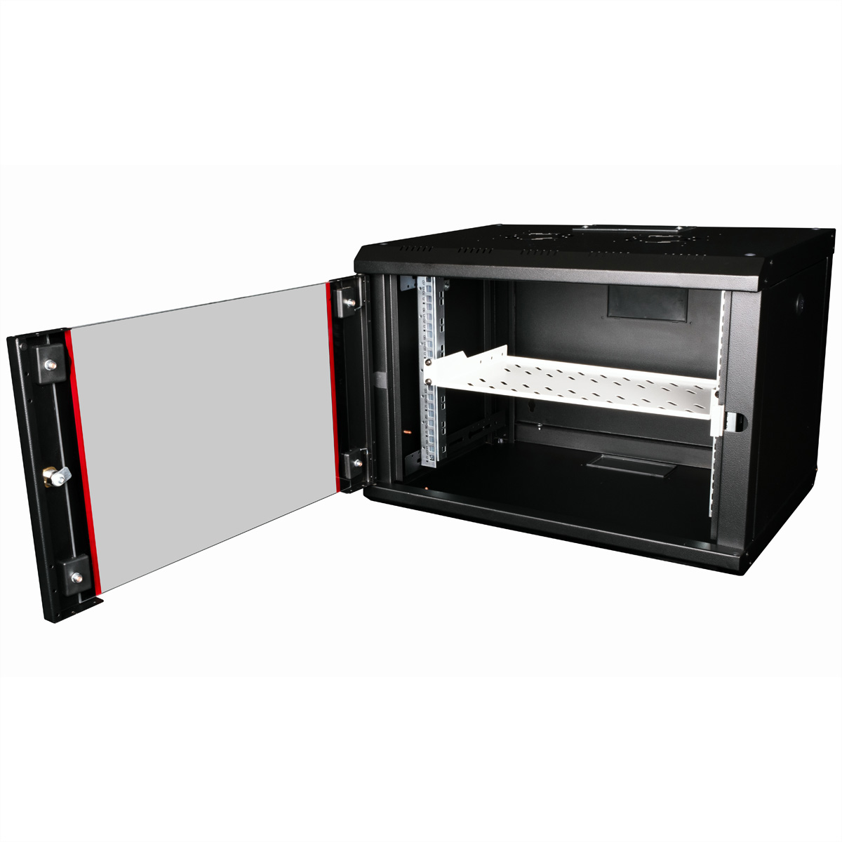 Armadio rack nero con porta aperta che mostra ripiani. Mensola bianca visibile.