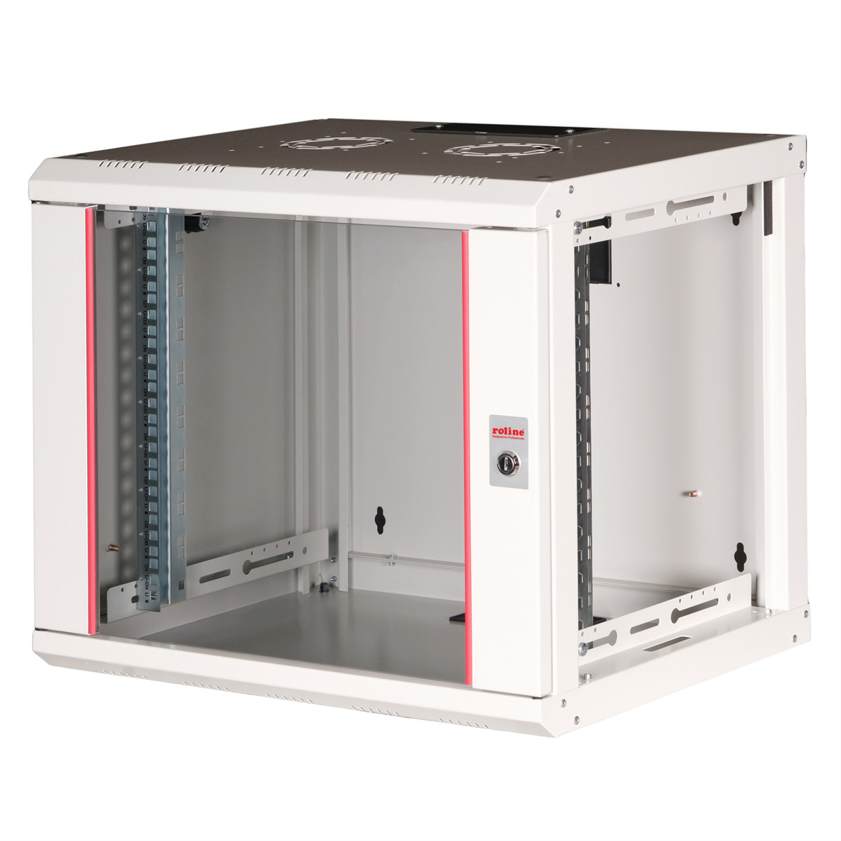 Rack server bianco con strisce rosse, porta in vetro e serratura a chiave. Sfondo bianco.