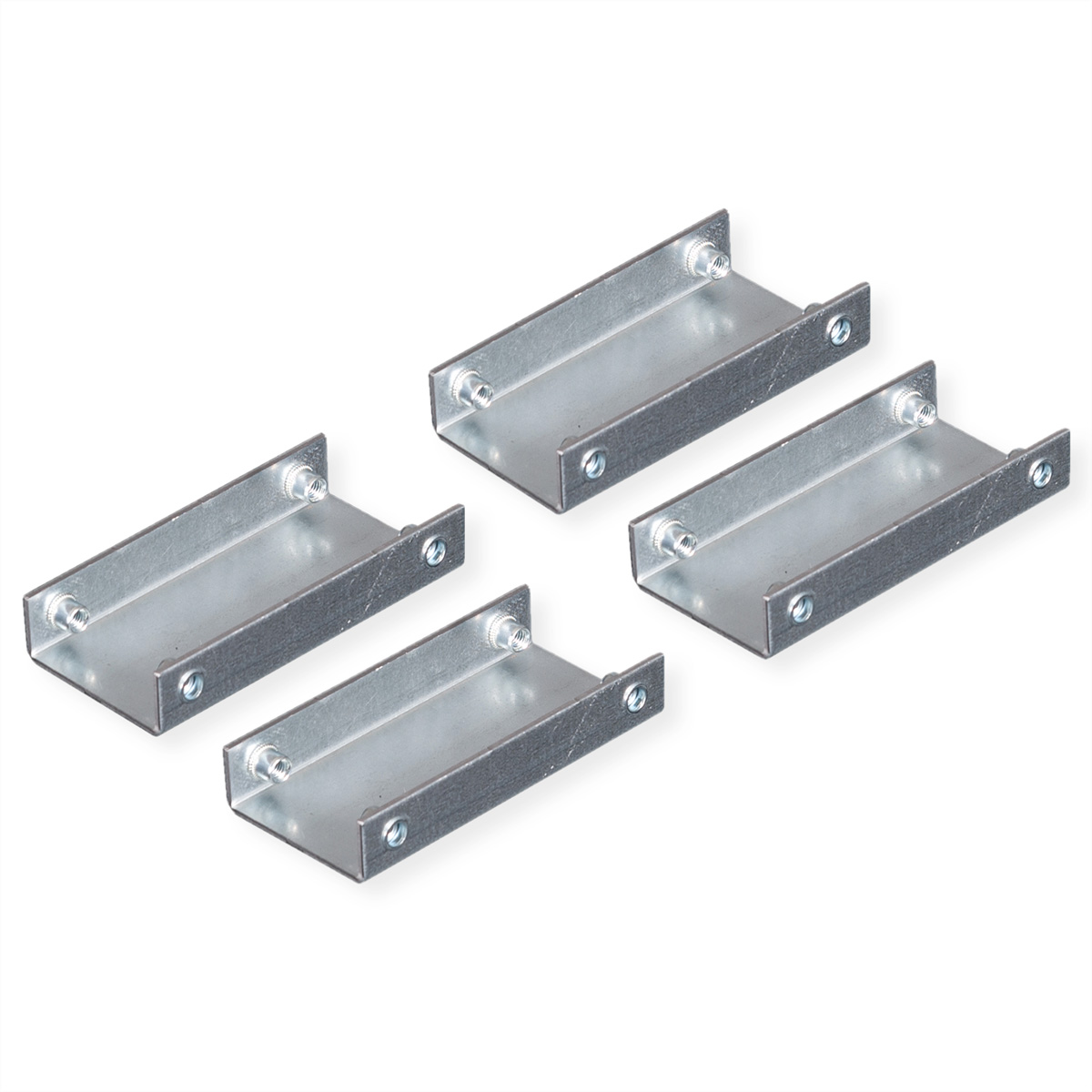 Quattro staffe metalliche argentate a forma di U con fori per viti.