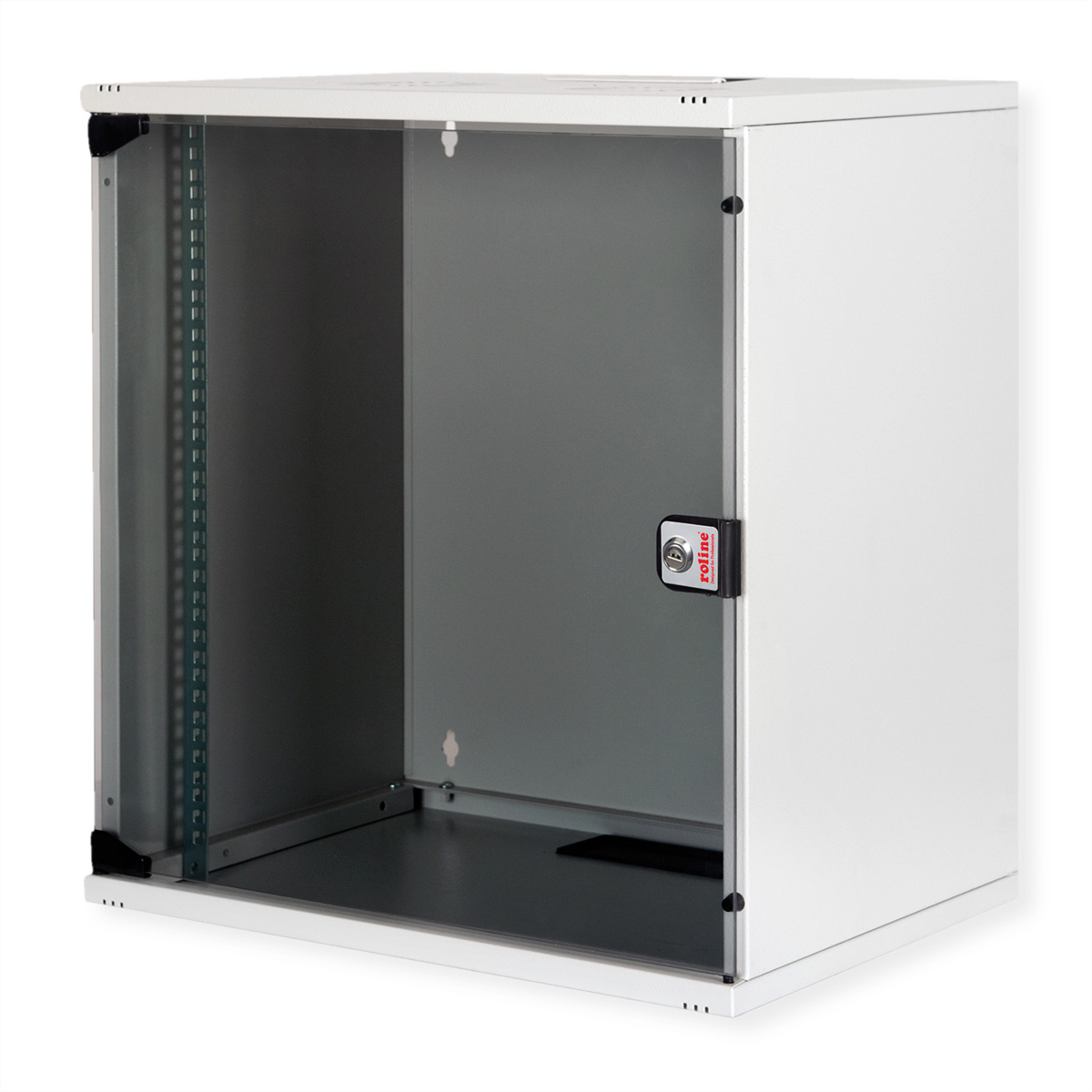 Armadio rack server bianco con porta in vetro, serratura e logo Roline.