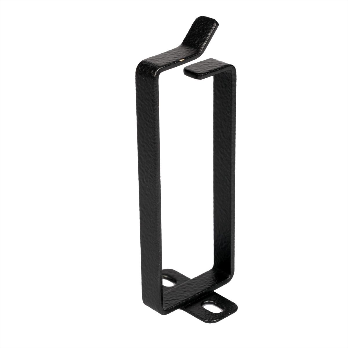 Staffa in metallo nero con design a forma di U per tenere oggetti.