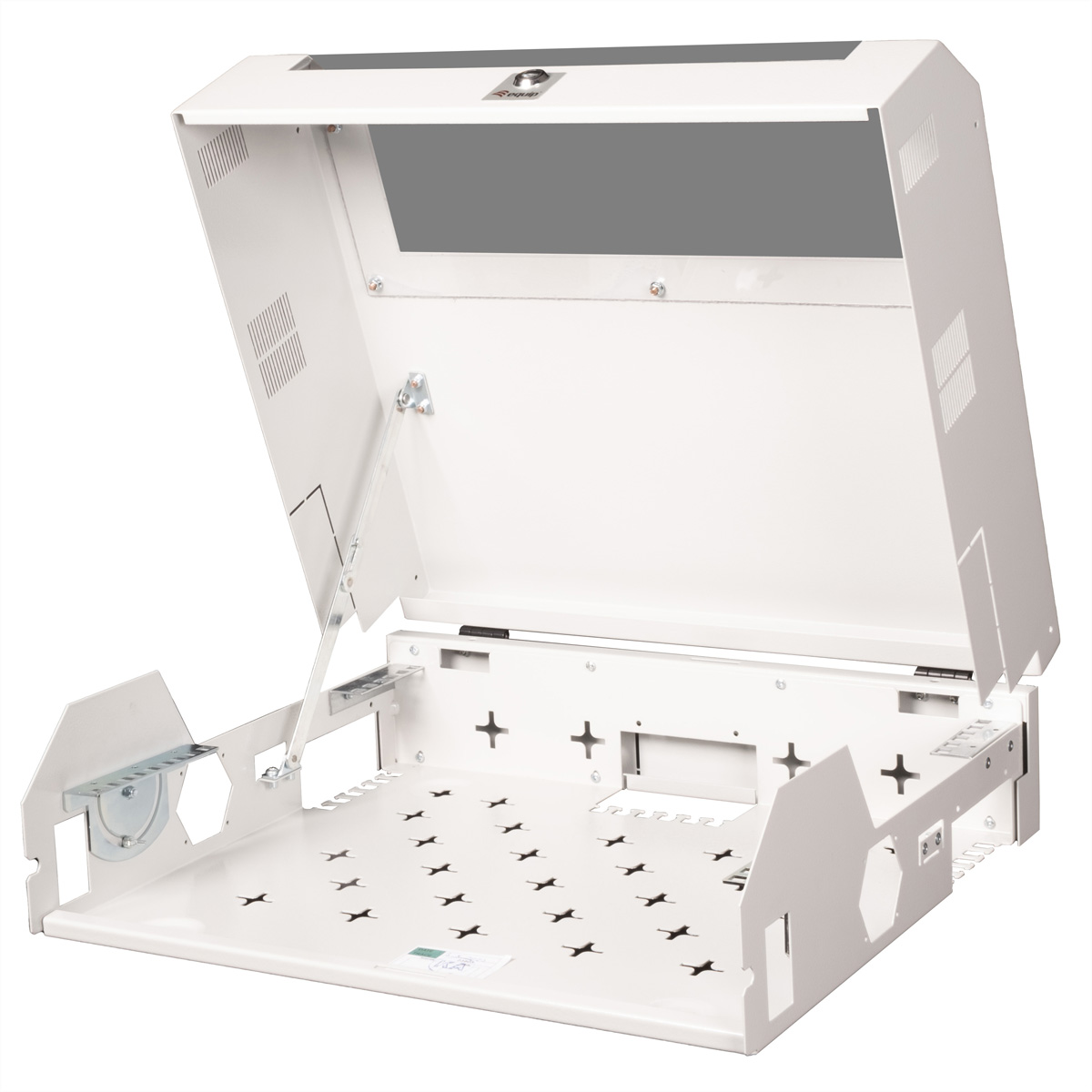 Rack server bianco con parte superiore aperta, ripiegata, con elementi di montaggio.