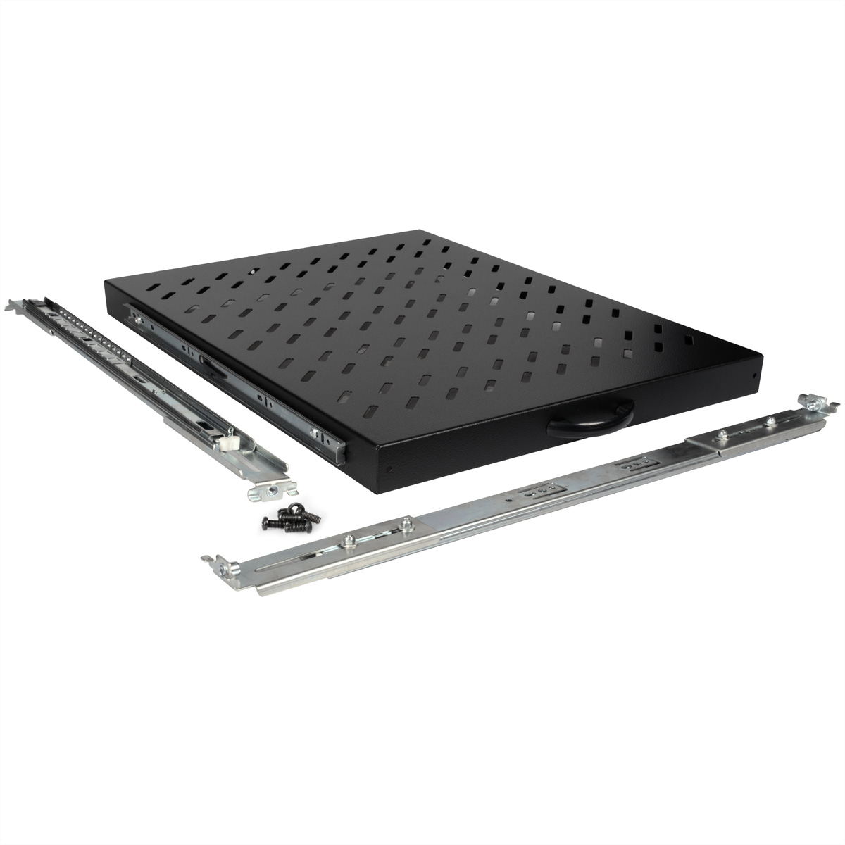 Un ripiano nero con maniglia, guide e hardware su sfondo bianco.