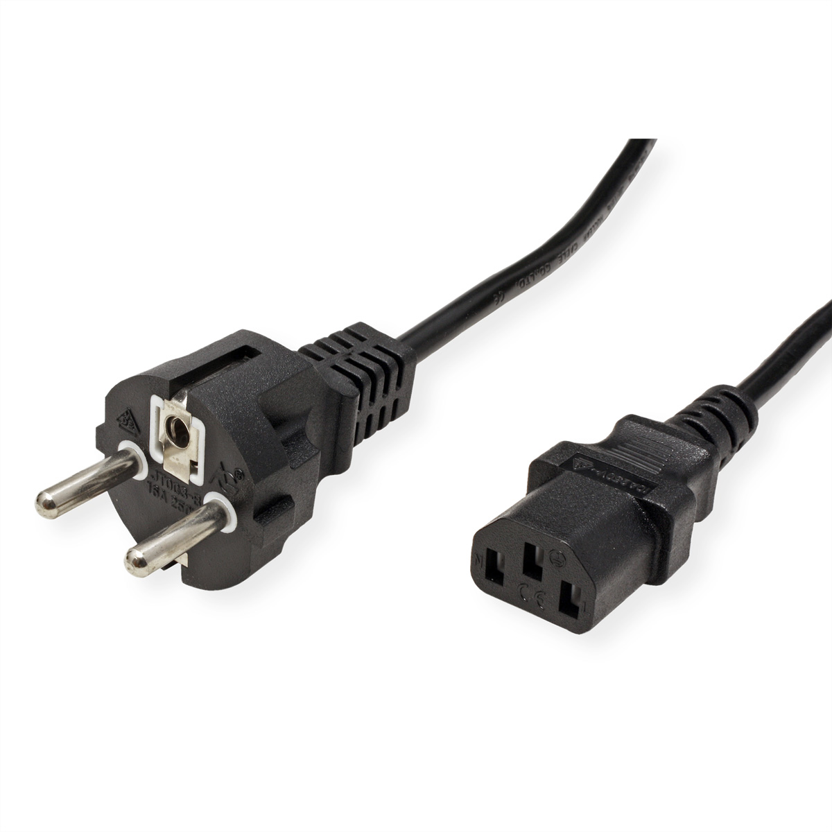 Cordon d'alimentation noir avec une prise et un connecteur femelle. Fond blanc.