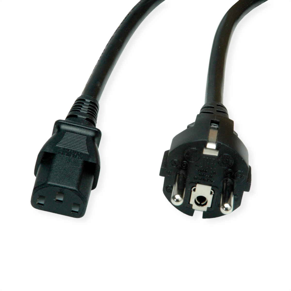 Cordon d'alimentation noir avec une prise et un connecteur femelle. Fond blanc.