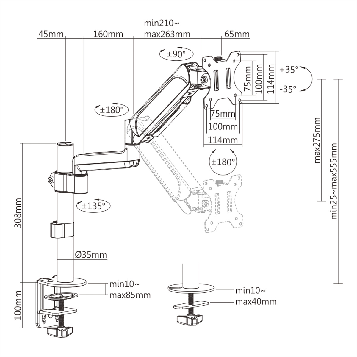 Diagramme d'un bras de moniteur, avec dimensions et angles indiqués.