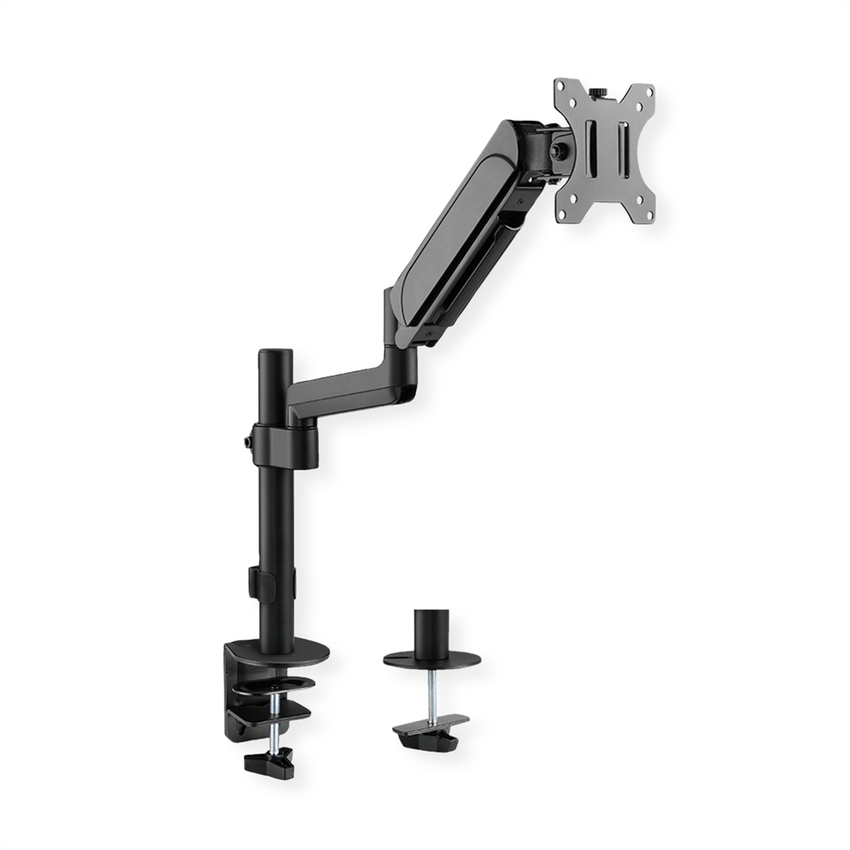 Un support de bras de moniteur noir avec une pince et un support, sur fond blanc.