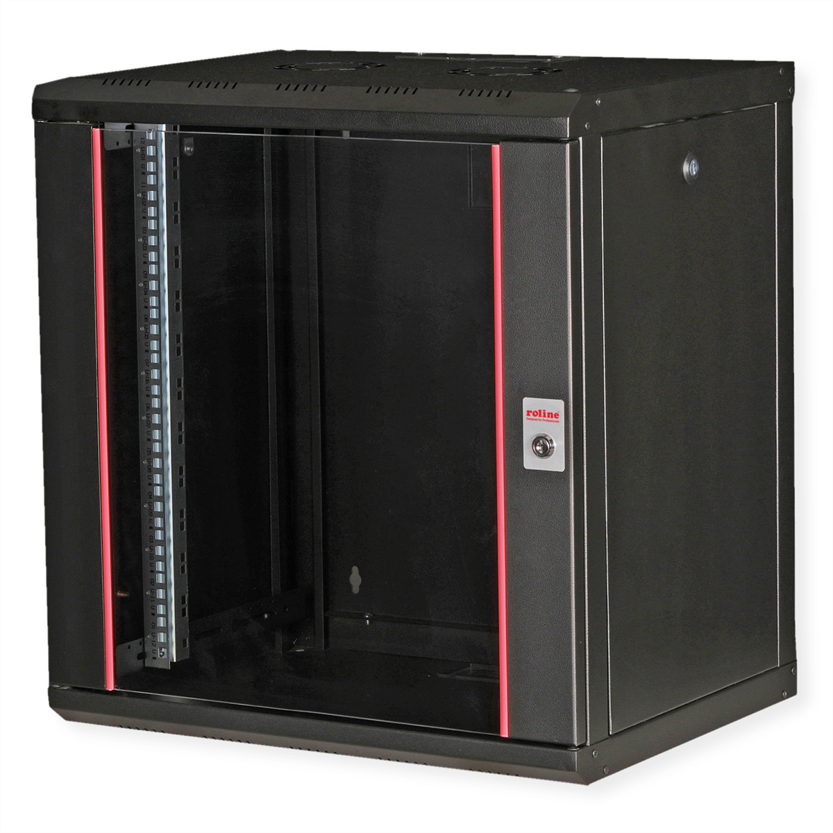 Un rack server nero con porta in vetro, strisce rosse e serratura a chiave.