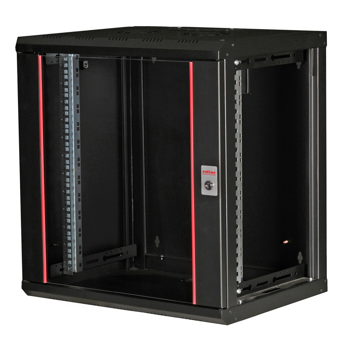 Un rack server nero con strisce rosse sui lati. La porta ha una serratura.