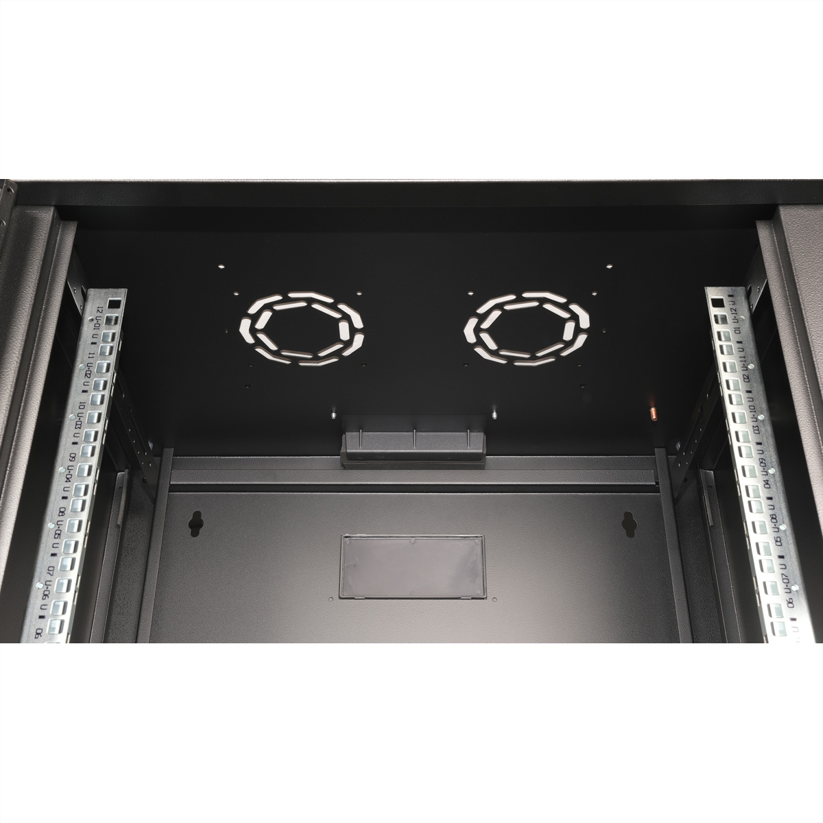 Interno di un rack server. Due ventole sono visibili. Lo sfondo è bianco.