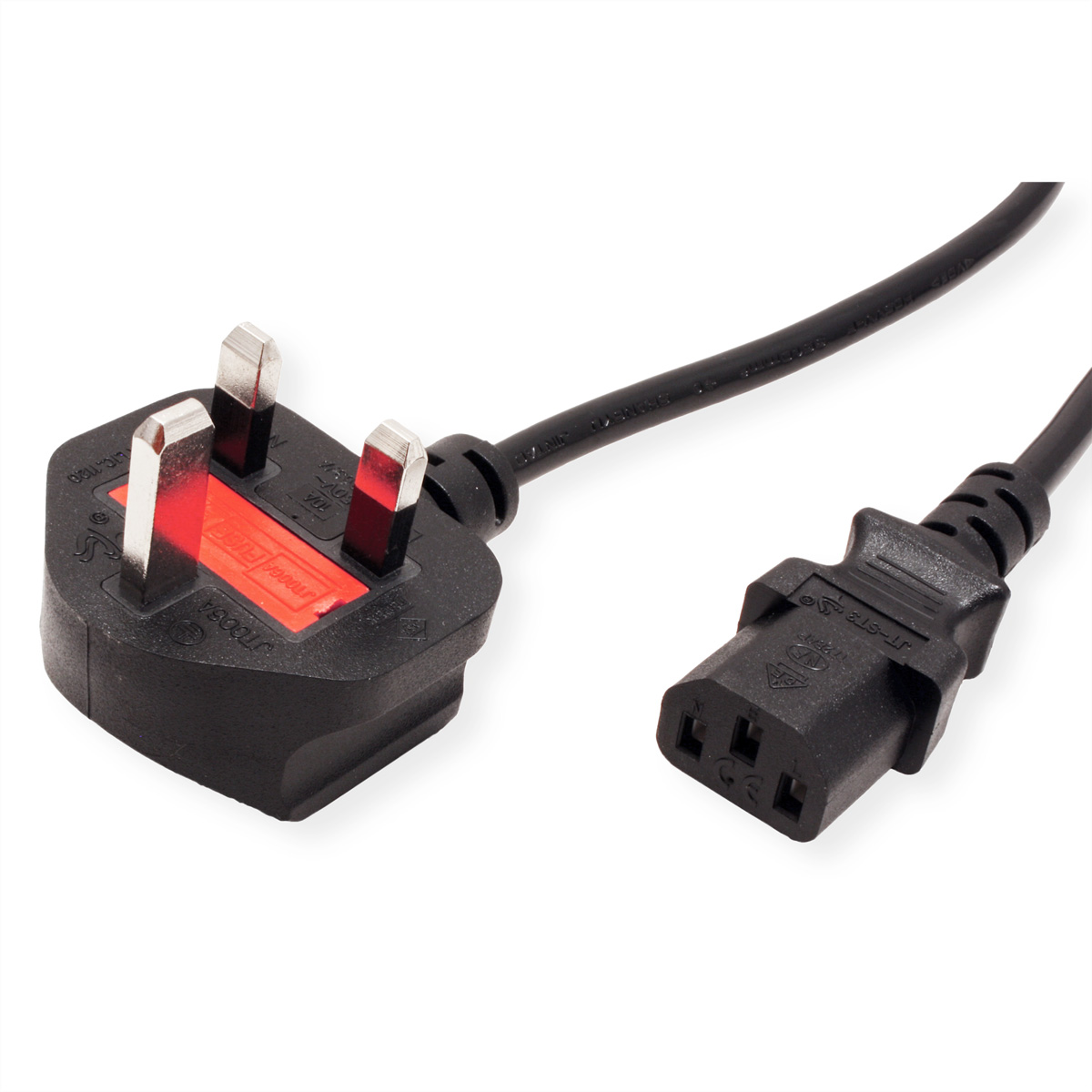 Zwarte stroomkabel met een Britse stekker en een C13-connector.