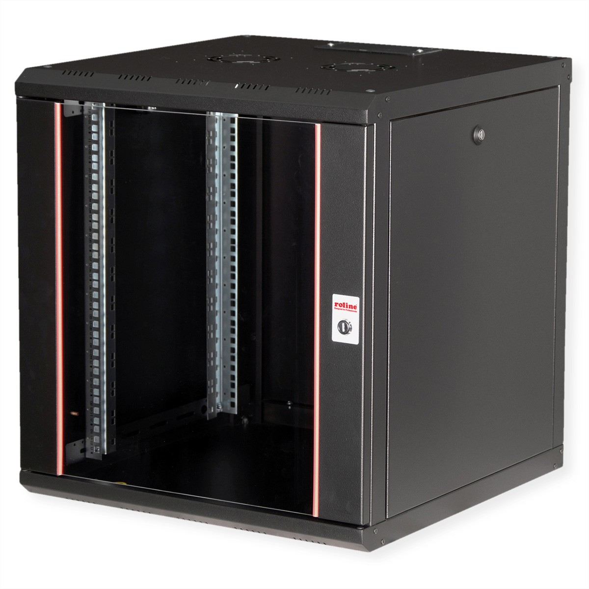 Armadio rack nero con porta in vetro, dettagli arancioni e guide argentate.