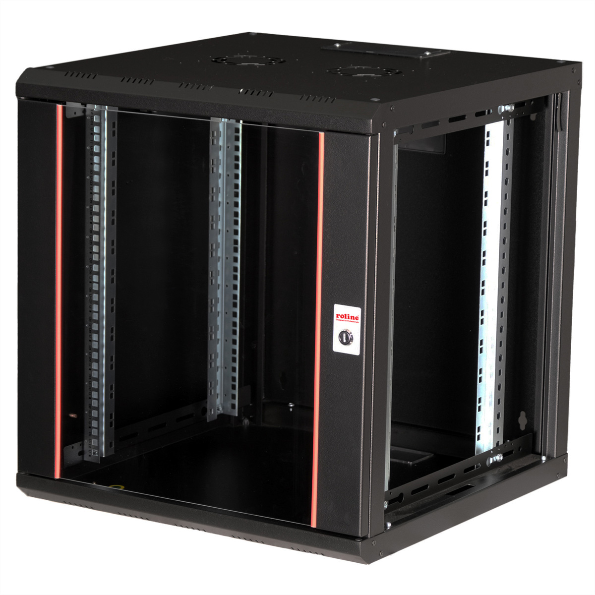 Un rack server nero con strisce rosse sui lati. Ha una serratura e il logo 'roline'.