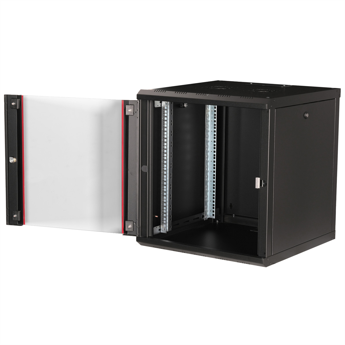 Un rack server nero con porta a vetri aperta, che mostra le guide interne.
