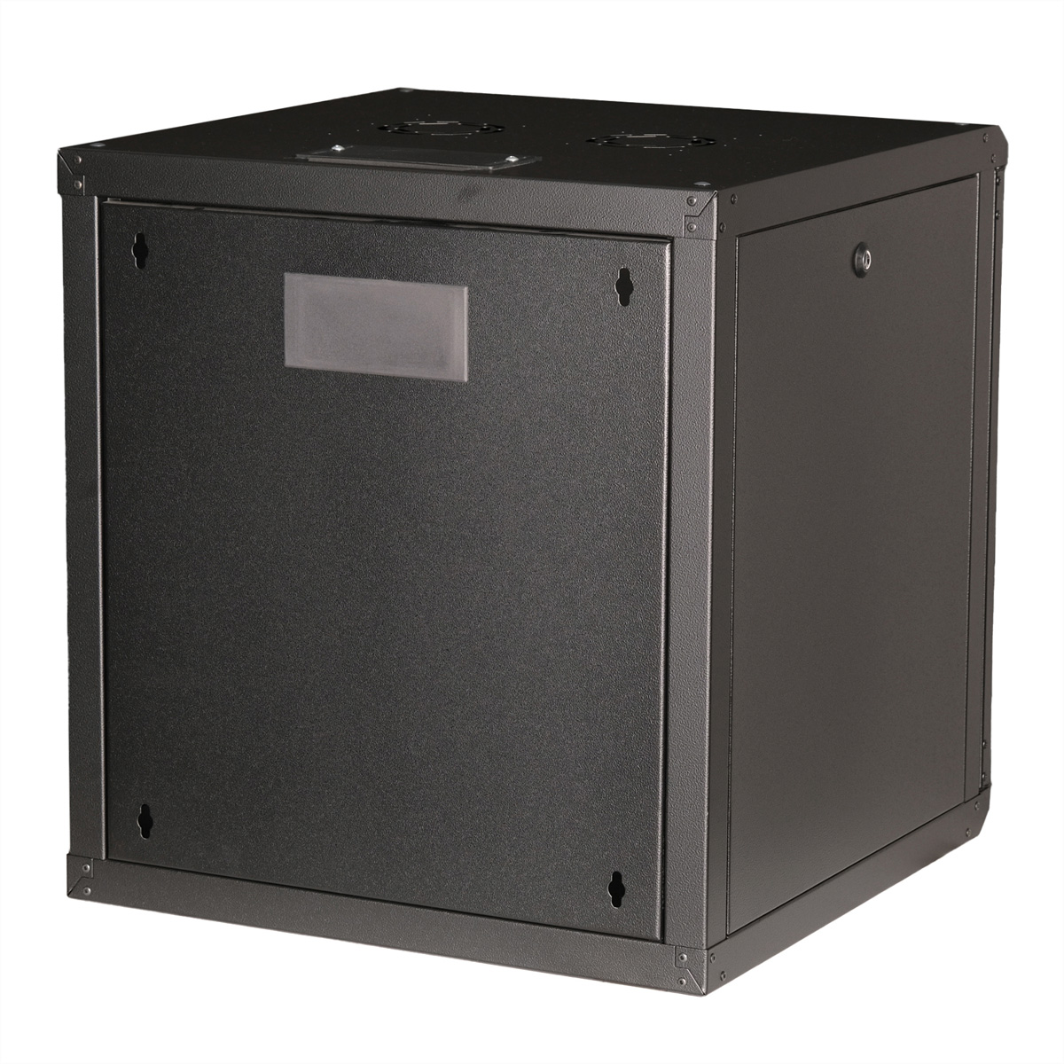 Un armadio server in metallo nero. A forma di cubo con etichetta vuota.